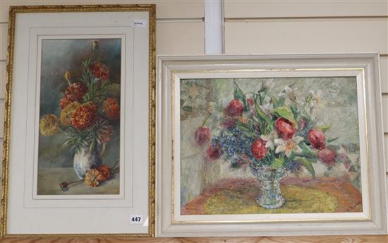Marie Hensley (nee Low), watercolour, still life of orange and yellow flowers in a vase, signed and dated 1894 and another still life